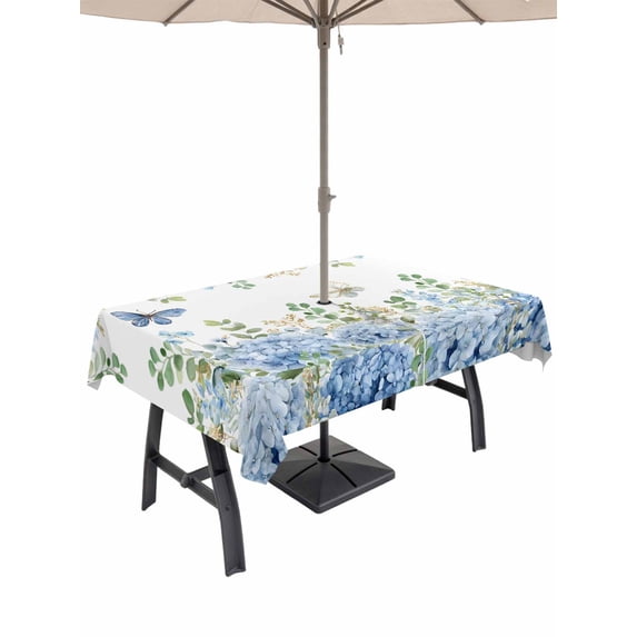 Outdoor Tablecloth with Umbrella Hole for Patio/Picnic/Party/Camping, Blue Hydrangea Waterproof Table Cloth Rectangle Table Cover Washable, Spring Summer Eucalyptus Leaves Butterfly (52"x 70")