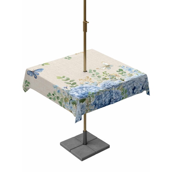 Outdoor Tablecloth with Umbrella Hole for Patio/Picnic/Party/Camping, Blue Hydrangea Waterproof Table Cloth Square Cover Washable, Spring Summer Eucalyptus Vintage Beige (60"x 60")