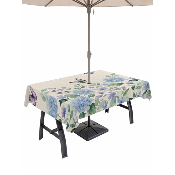 Outdoor Tablecloth with Umbrella Hole for Patio/Picnic/Party/Camping, Blue Hydrangeas Waterproof Table Cloth Rectangle Table Cover Washable, Spring Rustic Floral Butterflies Burlap (60"x 84")