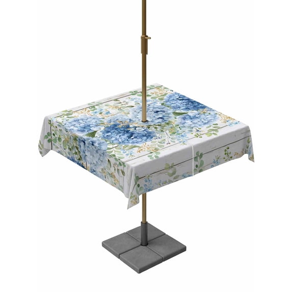 Outdoor Tablecloth with Umbrella Hole for Patio/Picnic/Party/Camping, Blue Hydrangeas Waterproof Table Cloth Square Cover Washable, Spring Floral Green Eucalyptus Leaves Wood Gray (54"x 54")