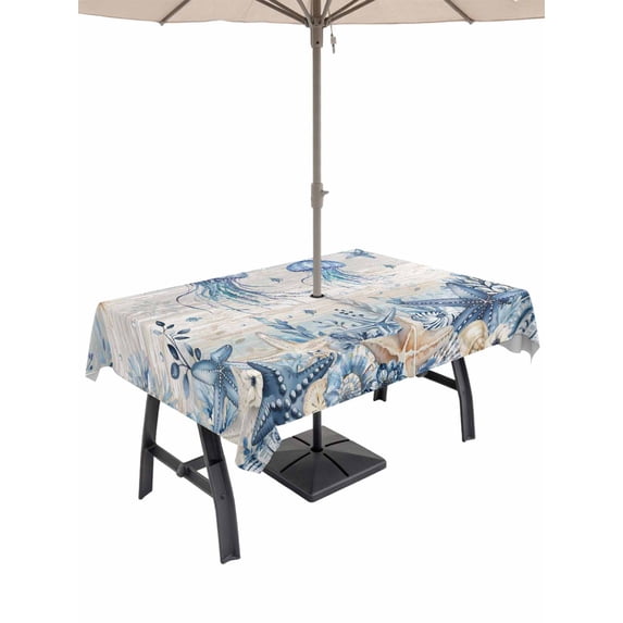 Outdoor Tablecloth with Umbrella Hole for Patio/Picnic/Party/Camping, Blue Jellyfish Coastal Waterproof Table Cloth Rectangle Table Cover Washable, Beach Starfish Nautical Coral Vintage (54"x 80")