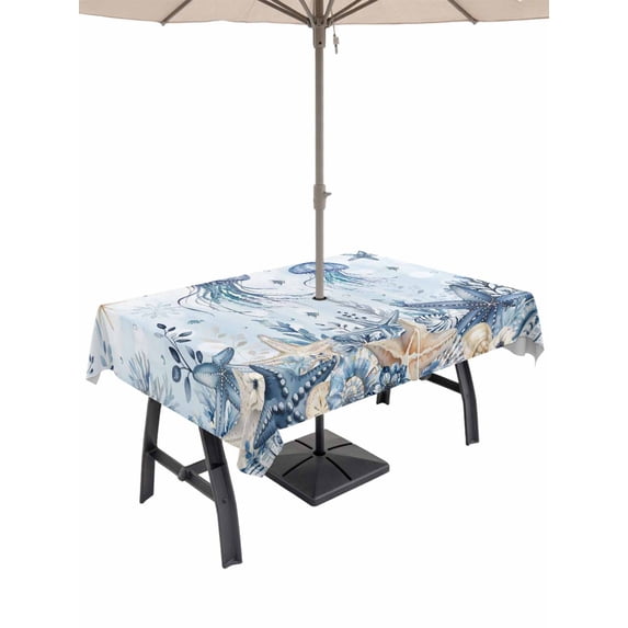 Outdoor Tablecloth with Umbrella Hole for Patio/Picnic/Party/Camping, Blue Jellyfish Coastal Waterproof Table Cloth Rectangle Table Cover Washable, Beach Starfish Nautical Coral Ombre (52"x 70")