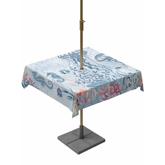 Outdoor Tablecloth with Umbrella Hole for Patio/Picnic/Party/Camping, Blue Jellyfish Coastal Waterproof Table Cloth Square Cover Washable, Beach Nautical Ocean Coral Seahorse (60"x 60")