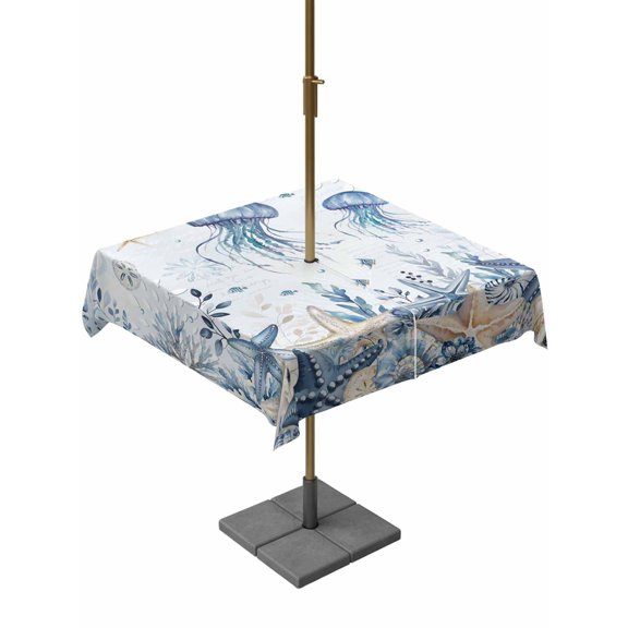 Outdoor Tablecloth with Umbrella Hole for Patio/Picnic/Party/Camping, Blue Jellyfish Coastal Waterproof Table Cloth Square Cover Washable, Beach Starfish Nautical Coral Botanical (54"x 54")