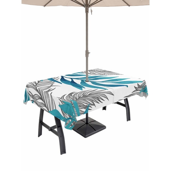 Outdoor Tablecloth with Umbrella Hole for Patio/Picnic/Party/Camping, Blue Leaves Waterproof Table Cloth Rectangle Table Cover Washable, Willow Leaf Abstract Plants Rustic Branch (54"x 80")