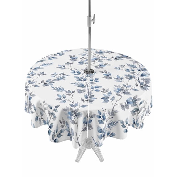 Outdoor Tablecloth with Umbrella Hole for Patio/Picnic/Party/Camping, Blue Leaves Waterproof Table Cloth Round Cover Washable, Summer Botanical Elegant Pastoral (Dia 60")