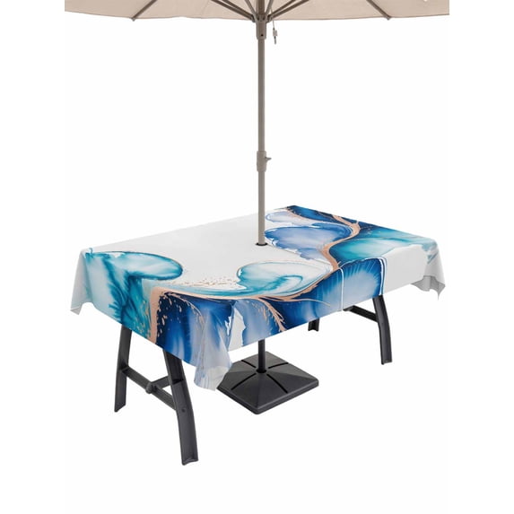 Outdoor Tablecloth with Umbrella Hole for Patio/Picnic/Party/Camping, Blue Marble Stone Waterproof Table Cloth Rectangle Table Cover Washable, Ink Splash Country Marble Abstract (60"x 120")