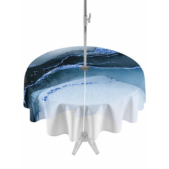 Outdoor Tablecloth with Umbrella Hole for Patio/Picnic/Party/Camping, Blue Marble Waterproof Table Cloth Round Cover Washable, Modern Abstract Watercolor Ombre Aesthetic (Dia 60")