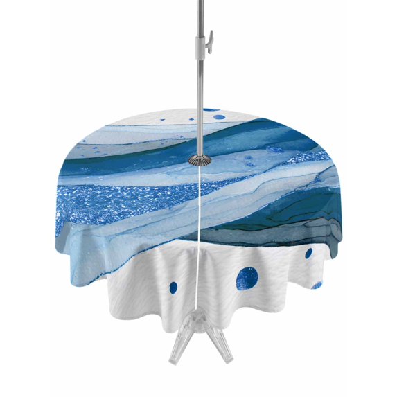Outdoor Tablecloth with Umbrella Hole for Patio/Picnic/Party/Camping, Blue Marble Waterproof Table Cloth Round Cover Washable, Modern Gradient Abstract Art Chic Texture (Dia 60")