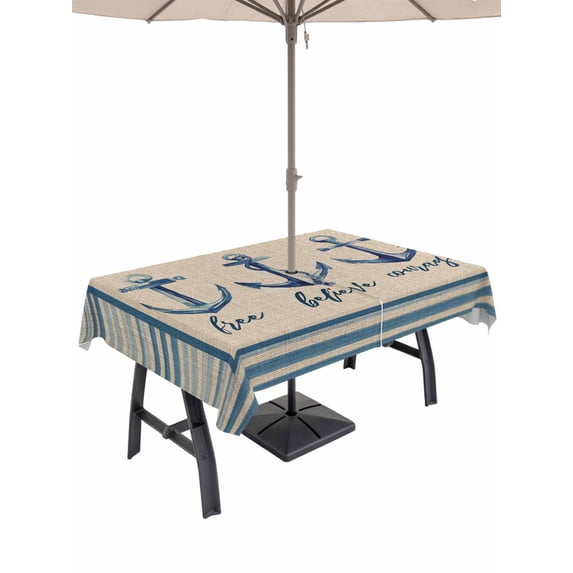 Outdoor Tablecloth with Umbrella Hole for Patio/Picnic/Party/Camping, Blue Nautical Anchor Waterproof Table Cloth Rectangle Table Cover Washable, Country Retro Ocean Beach Stripes Beige (52"x 70")