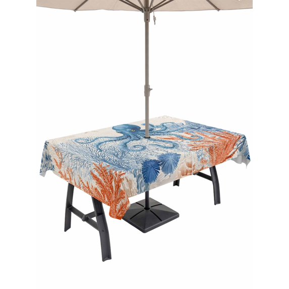 Outdoor Tablecloth with Umbrella Hole for Patio/Picnic/Party/Camping, Blue Ocean Octopus Waterproof Table Cloth Rectangle Table Cover Washable, Coastal Nautical Coral Starfish Leaves (60"x 120")