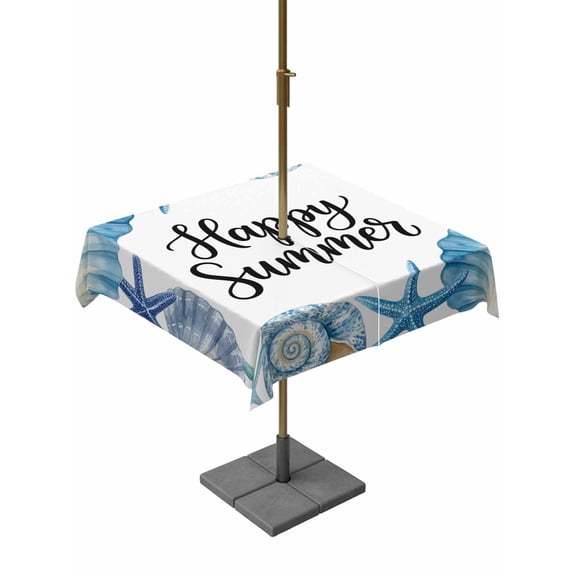 Outdoor Tablecloth with Umbrella Hole for Patio/Picnic/Party/Camping, Blue Ocean Shells Conch Waterproof Table Cloth Square Cover Washable, Nautical Coastal Starfish Summer (54"x 54")