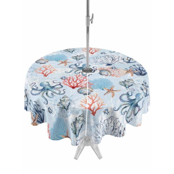 Outdoor Tablecloth with Umbrella Hole for Patio/Picnic/Party/Camping, Blue Ocean Waterproof Table Cloth Round Cover Washable, Summer Coastal Beach Nautical Octopus Corals (Dia 54")