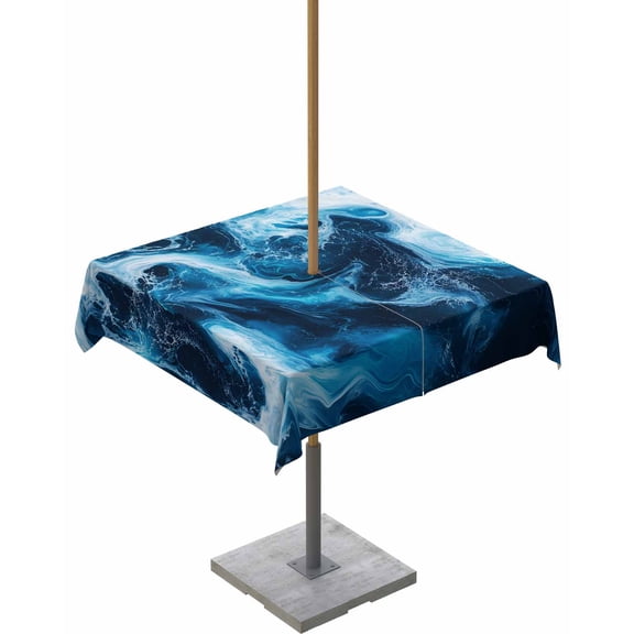 Outdoor Tablecloth with Umbrella Hole for Patio/Picnic/Party/Camping, Blue Ocean Waterproof Table Cloth Square Cover Washable, White Seawater Coastal Nature Art 60"x 60"
