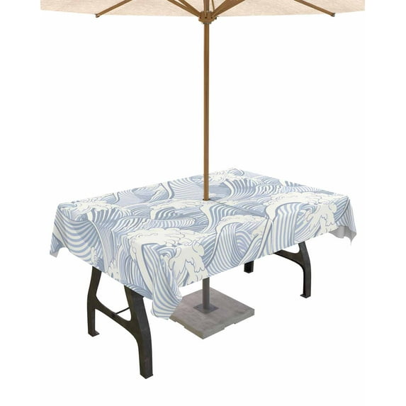 Outdoor Tablecloth with Umbrella Hole for Patio/Picnic/Party/Camping, Blue Ocean Waves Waterproof Table Cloth Rectangle Table Cover Washable, Moire Seaside Abstract Art 54"x 80"