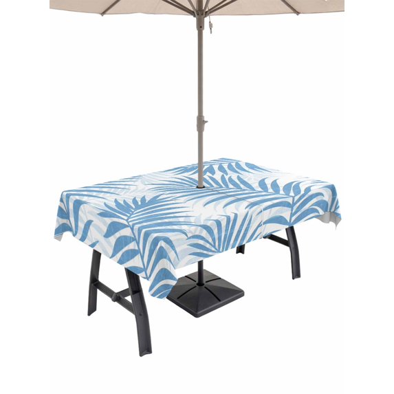 Outdoor Tablecloth with Umbrella Hole for Patio/Picnic/Party/Camping, Blue Palm Leaves Waterproof Table Cloth Rectangle Table Cover Washable, Summer Botanical Tropical Plants (52"x 70")