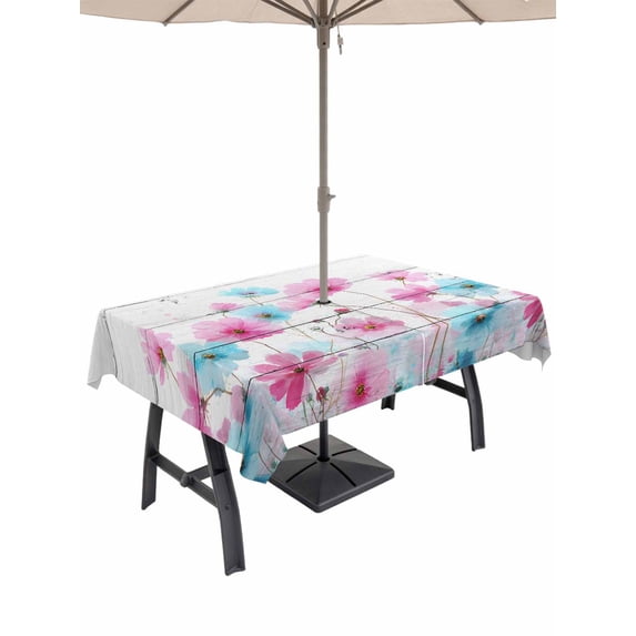 Outdoor Tablecloth with Umbrella Hole for Patio/Picnic/Party/Camping, Blue Pink Flowers Waterproof Table Cloth Rectangle Table Cover Washable, Spring Garden Floral Gray Wooden (60"x 120")