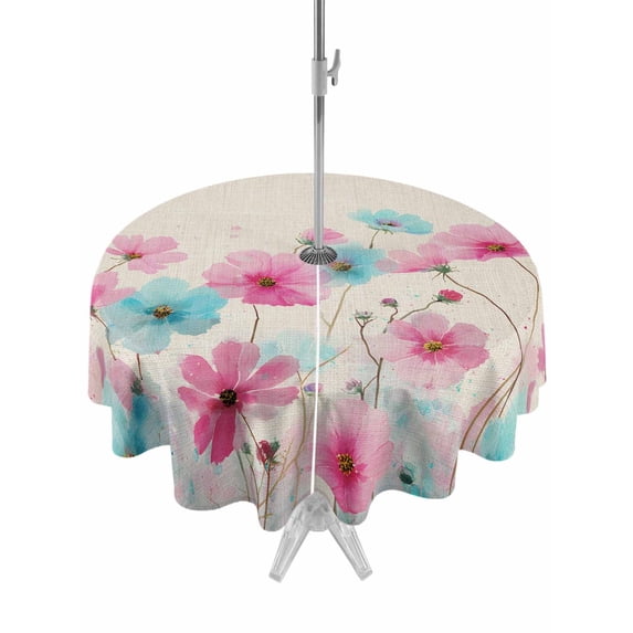 Outdoor Tablecloth with Umbrella Hole for Patio/Picnic/Party/Camping, Blue Pink Flowers Waterproof Table Cloth Round Cover Washable, Spring Garden Floral Rustic Burlap (Dia 60")