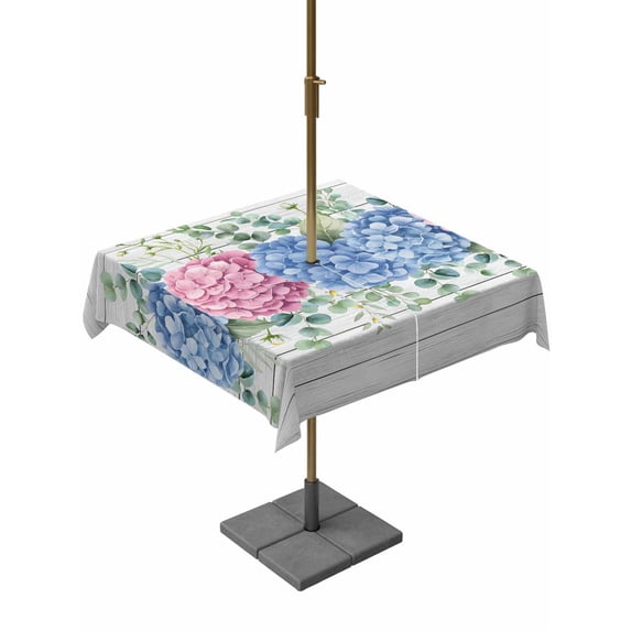 Outdoor Tablecloth with Umbrella Hole for Patio/Picnic/Party/Camping, Blue Pink Hydrangea Waterproof Table Cloth Square Cover Washable, Eucalyptus Leaves Wooden Summer Botanical (60"x 60")