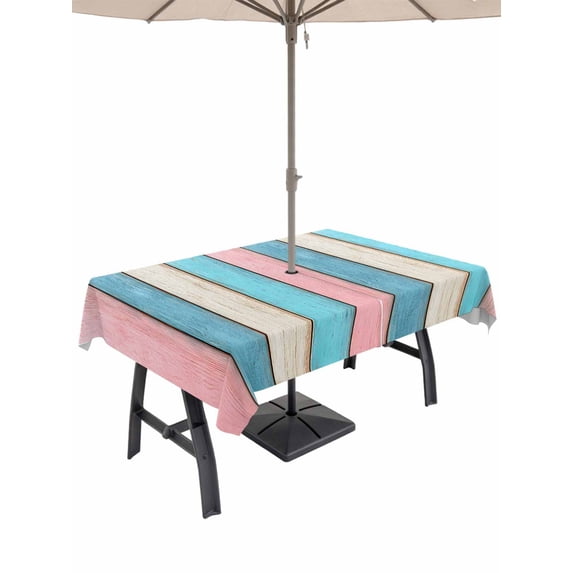 Outdoor Tablecloth with Umbrella Hole for Patio/Picnic/Party/Camping, Blue Pink Wooden Grain Waterproof Table Cloth Rectangle Table Cover Washable, Farmhouse Vintage Country Textured (60"x 120")