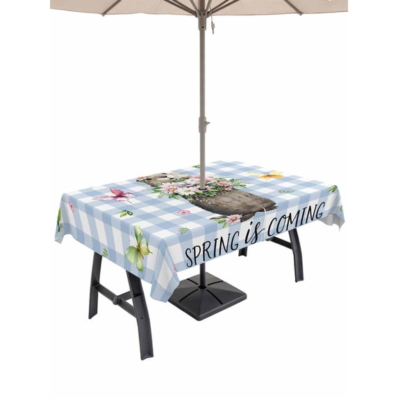 Outdoor Tablecloth with Umbrella Hole for Patio/Picnic/Party/Camping, Blue Plaid Groundhog Waterproof Table Cloth Rectangle Table Cover Washable, Spring Floral Butterfly Botanical (52"x 70")