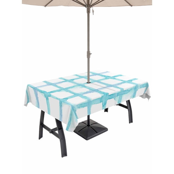 Outdoor Tablecloth with Umbrella Hole for Patio/Picnic/Party/Camping, Blue Plaid Waterproof Table Cloth Rectangle Table Cover Washable, Farmhouse Buffalo Check Stripes Modern Geometric (60"x 120")