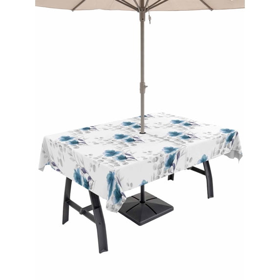 Outdoor Tablecloth with Umbrella Hole for Patio/Picnic/Party/Camping, Blue Poppy Flowers Waterproof Table Cloth Rectangle Table Cover Washable, Spring Gray Eucalyptus Leaves Rustic (52"x 70")