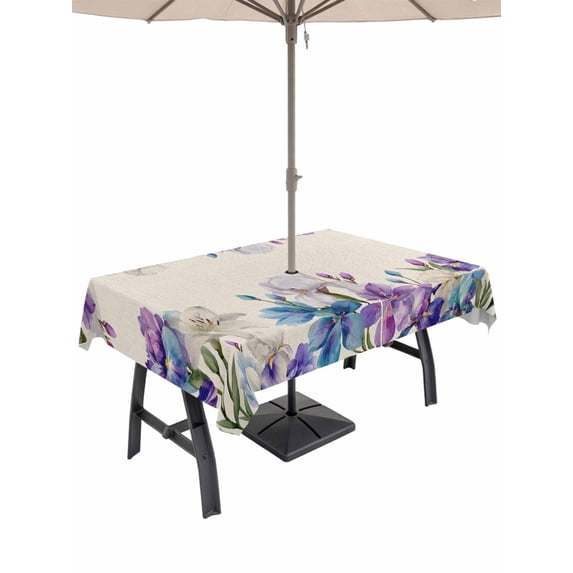 Outdoor Tablecloth with Umbrella Hole for Patio/Picnic/Party/Camping, Blue Purple Flowers Waterproof Table Cloth Rectangle Table Cover Washable, Spring Seasonal Botanical Florals (54"x 80")