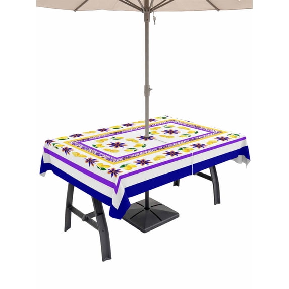 Outdoor Tablecloth with Umbrella Hole for Patio/Picnic/Party/Camping, Blue Purple Lemons Waterproof Table Cloth Rectangle Table Cover Washable, Summer Watercolor Italian Style Flower (60"x 120")