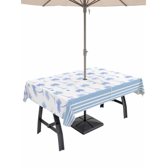 Outdoor Tablecloth with Umbrella Hole for Patio/Picnic/Party/Camping, Blue Purple Palm Trees Waterproof Table Cloth Rectangle Table Cover Washable, Summer Tropical Coastal Plaid Strip (60"x 120")