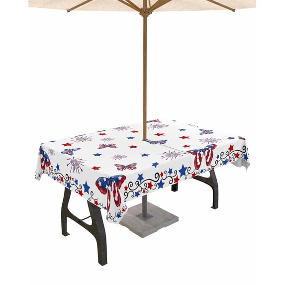 Outdoor Tablecloth with Umbrella Hole for Patio/Picnic/Party/Camping, Blue Red 4th of July Waterproof Table Cloth Rectangle Table Cover Washable, Independence Day Fireworks Butterfly 60"x 120"