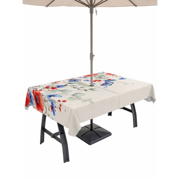 Outdoor Tablecloth with Umbrella Hole for Patio/Picnic/Party/Camping, Blue Red Flowers Waterproof Table Cloth Rectangle Table Cover Washable, Elegant Spring Floral Butterfly Rustic (60"x 120")