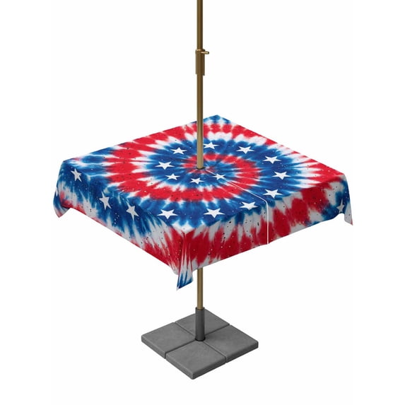 Outdoor Tablecloth with Umbrella Hole for Patio/Picnic/Party/Camping, Blue Red Tie-dye Waterproof Table Cloth Square Cover Washable, Vintage American Stars Abstract Art (60"x 60")