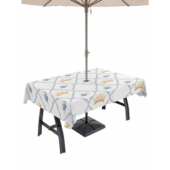 Outdoor Tablecloth with Umbrella Hole for Patio/Picnic/Party/Camping, Blue Roses Crown Waterproof Table Cloth Rectangle Table Cover Washable, Spring Floral Elegant Pastoral Geometric (60"x 102")