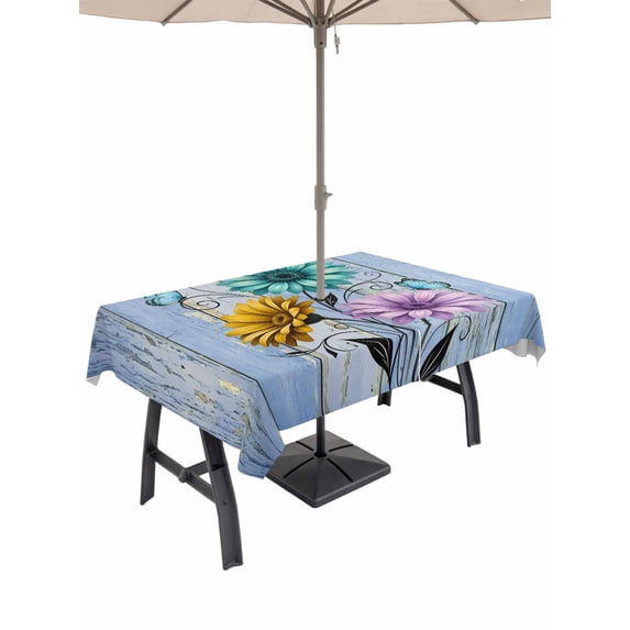 Outdoor Tablecloth with Umbrella Hole for Patio/Picnic/Party/Camping, Blue Rustic Farmhouse Waterproof Table Cloth Rectangle Table Cover Washable, Country Turquoise Floral Daisy (52"x 70")