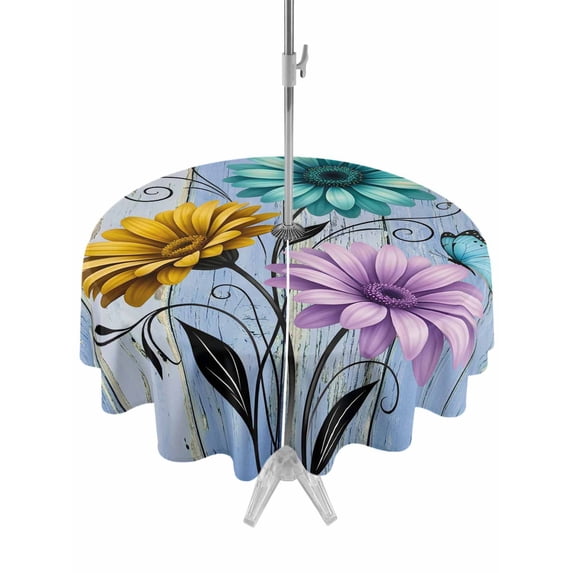 Outdoor Tablecloth with Umbrella Hole for Patio/Picnic/Party/Camping, Blue Rustic Farmhouse Waterproof Table Cloth Round Cover Washable, Country Turquoise Floral Daisy (Dia 54")