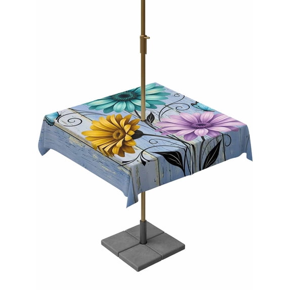 Outdoor Tablecloth with Umbrella Hole for Patio/Picnic/Party/Camping, Blue Rustic Farmhouse Waterproof Table Cloth Square Cover Washable, Country Turquoise Floral Daisy (54"x 54")