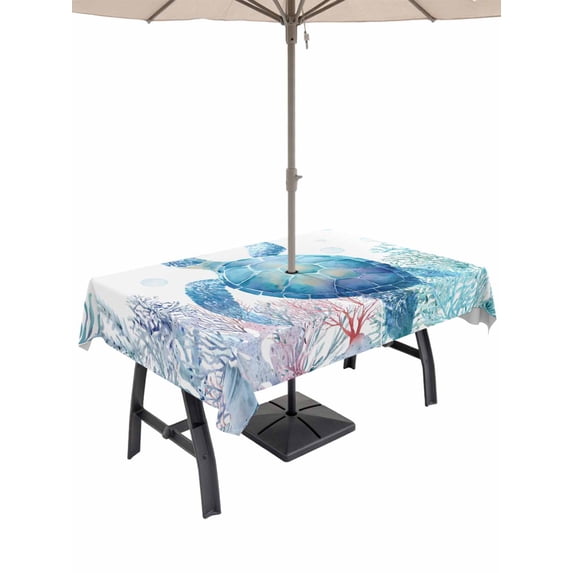 Outdoor Tablecloth with Umbrella Hole for Patio/Picnic/Party/Camping, Blue Sea Turtle Waterproof Table Cloth Rectangle Table Cover Washable, Summer Coastal Coral Ocean (60"x 102")