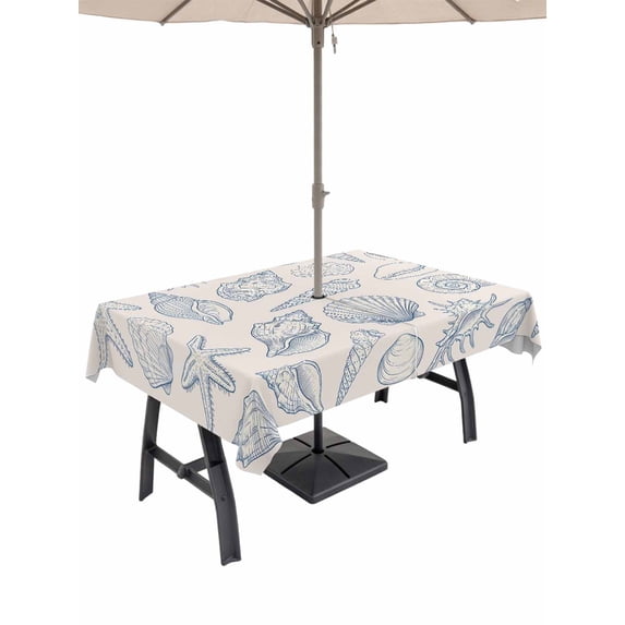 Outdoor Tablecloth with Umbrella Hole for Patio/Picnic/Party/Camping, Blue Shell Coastal Waterproof Table Cloth Rectangle Table Cover Washable, Nautical Seaside Ocean Summer Beach (52"x 70")