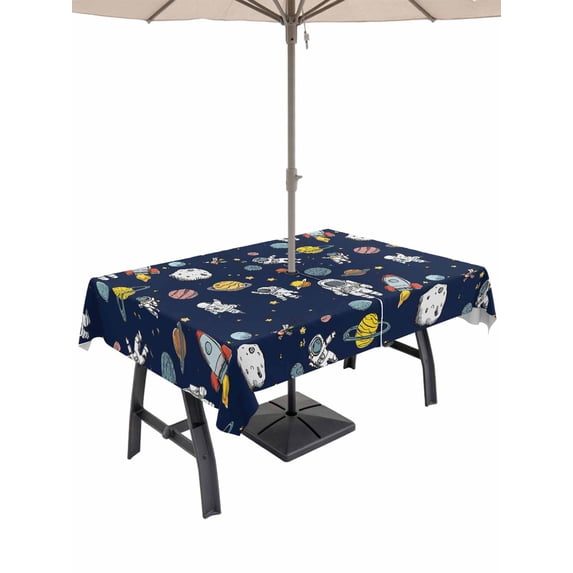 Outdoor Tablecloth with Umbrella Hole for Patio/Picnic/Party/Camping, Blue Space Waterproof Table Cloth Rectangle Table Cover Washable, Cartoon Cute Spaceship Planet Star Funny (60"x 84")