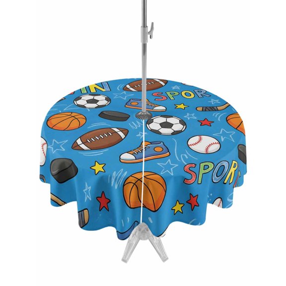 Outdoor Tablecloth with Umbrella Hole for Patio/Picnic/Party/Camping, Blue Sports Waterproof Table Cloth Round Cover Washable, Football Basketball Rugby Baseball (Dia 54")