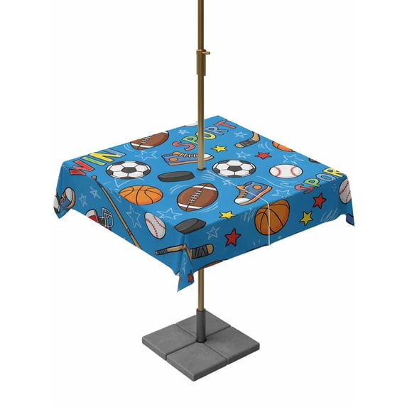 Outdoor Tablecloth with Umbrella Hole for Patio/Picnic/Party/Camping, Blue Sports Waterproof Table Cloth Square Cover Washable, Football Basketball Rugby Baseball (54"x 54")