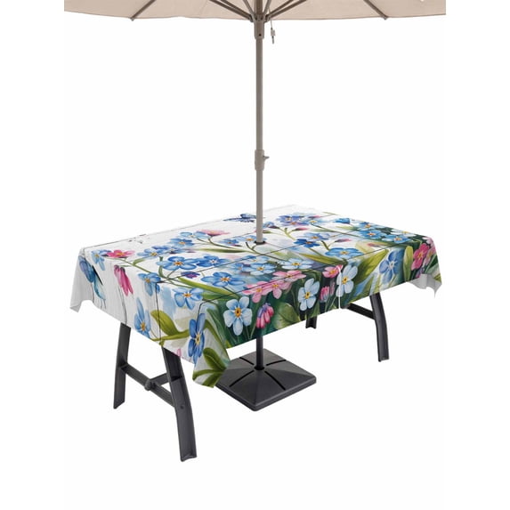 Outdoor Tablecloth with Umbrella Hole for Patio/Picnic/Party/Camping, Blue Spring Floral Waterproof Table Cloth Rectangle Table Cover Washable, Pink Flowers Butterfly Wooden Watercolor (54"x 80")