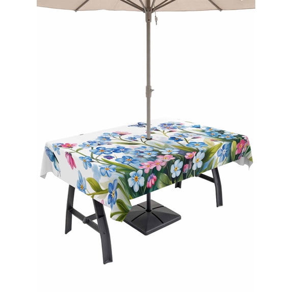 Outdoor Tablecloth with Umbrella Hole for Patio/Picnic/Party/Camping, Blue Spring Floral Waterproof Table Cloth Rectangle Table Cover Washable, Pink Flowers Butterfly Pastoral (60"x 84")