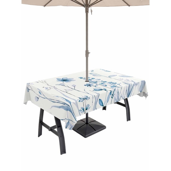 Outdoor Tablecloth with Umbrella Hole for Patio/Picnic/Party/Camping, Blue Spring Floral Waterproof Table Cloth Rectangle Table Cover Washable, Summer Flowers Botanical Elegant (52"x 70")