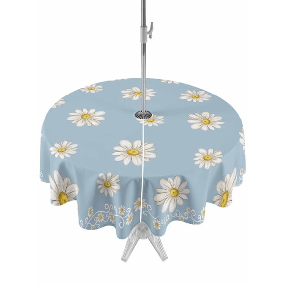 Outdoor Tablecloth with Umbrella Hole for Patio/Picnic/Party/Camping, Blue Spring Floral Waterproof Table Cloth Round Cover Washable, Daisy Flowers Elegant Farmhouse Art (Dia 60")