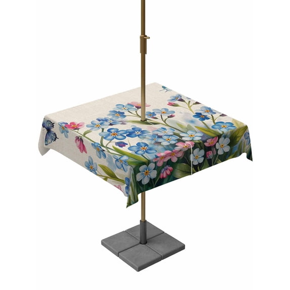 Outdoor Tablecloth with Umbrella Hole for Patio/Picnic/Party/Camping, Blue Spring Floral Waterproof Table Cloth Square Cover Washable, Pink Flowers Butterfly Rustic (60"x 60")