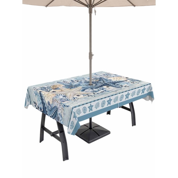 Outdoor Tablecloth with Umbrella Hole for Patio/Picnic/Party/Camping, Blue Starfish Coastal Waterproof Table Cloth Rectangle Table Cover Washable, Beach Coral Nautical Botanical Vintage (54"x 80")