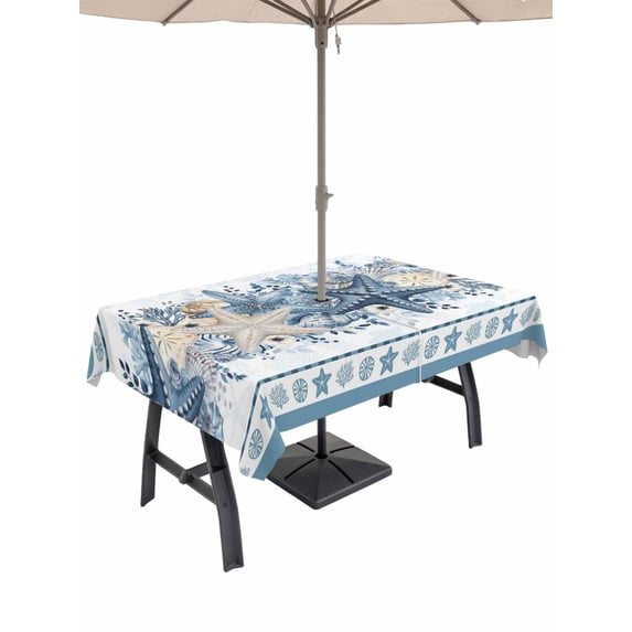 Outdoor Tablecloth with Umbrella Hole for Patio/Picnic/Party/Camping, Blue Starfish Coastal Waterproof Table Cloth Rectangle Table Cover Washable, Ocean Beach Coral Nautical Botanical (60"x 84")