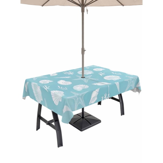 Outdoor Tablecloth with Umbrella Hole for Patio/Picnic/Party/Camping, Blue Starfish Coastal Waterproof Table Cloth Rectangle Table Cover Washable, Shell Conch Coral Nautical Summer (60"x 102")